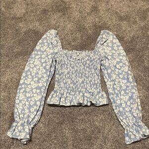Reformation Linen Smocked Top in Blue Floral